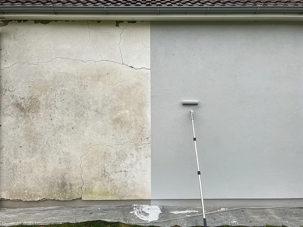 Façade repeinte en gris clair, avant-après d'un ravalement